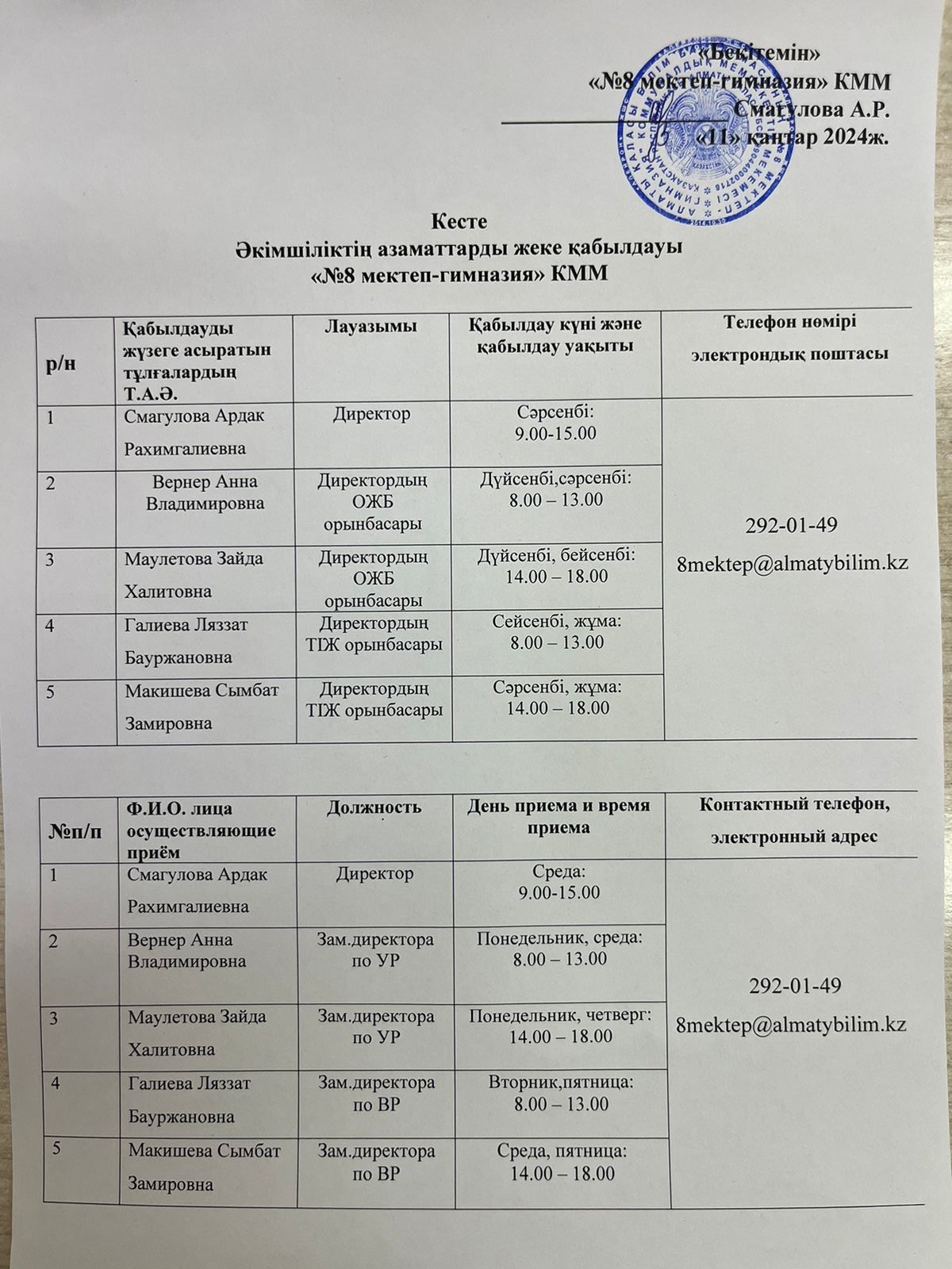 Әкімшіліктің азаматтарды жеке қабылдауы!