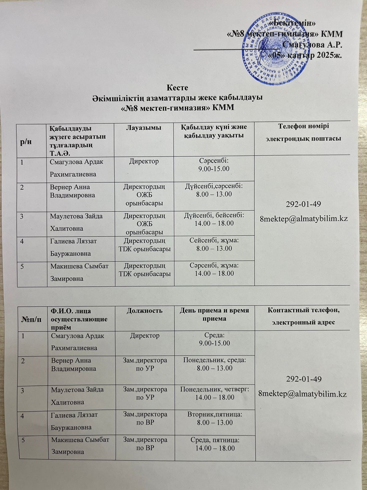 Әкімшіліктің азаматтарды жеке қабылдауы!