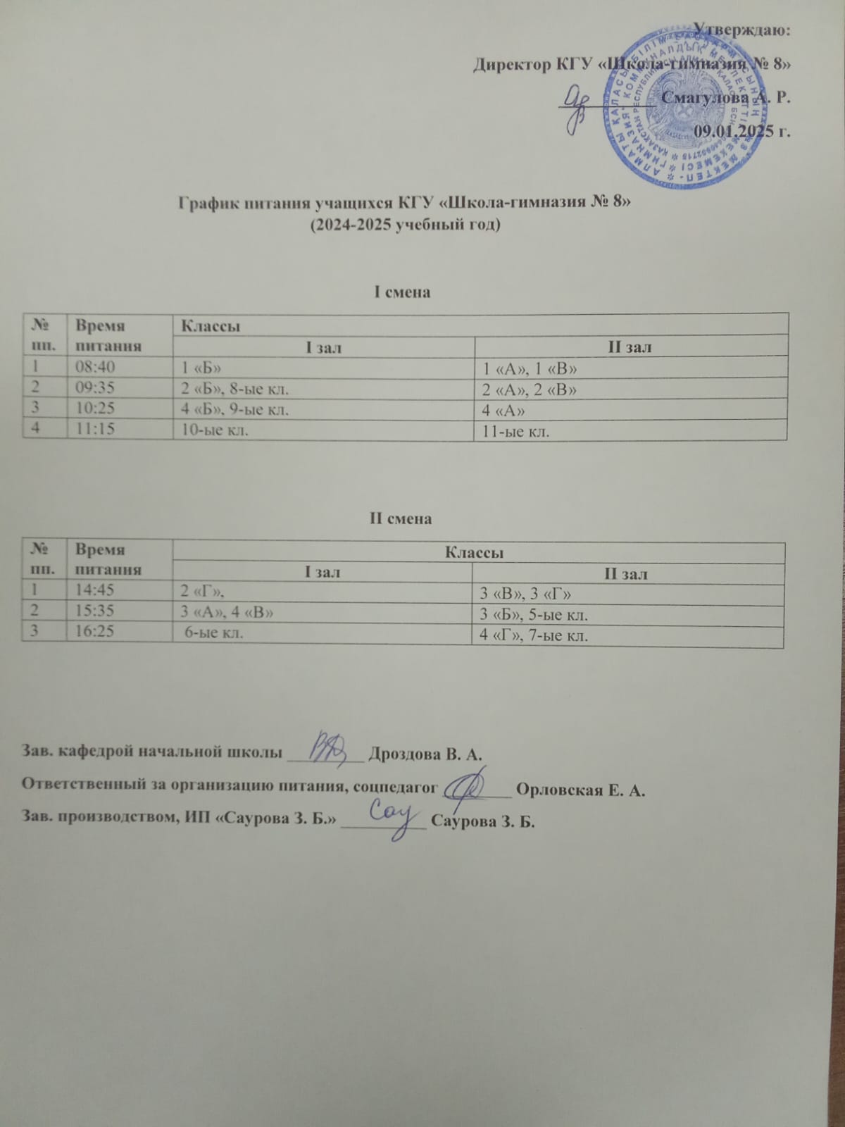 Оқушылардың тамақтану кестесі! График питания учащихся!