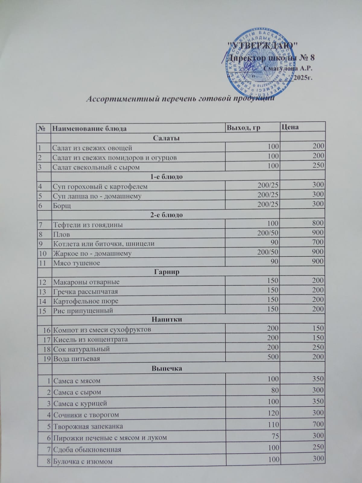 Дайын өнімнің ассортименттік тізімі! Ассортиментный перечень готовой продуции!